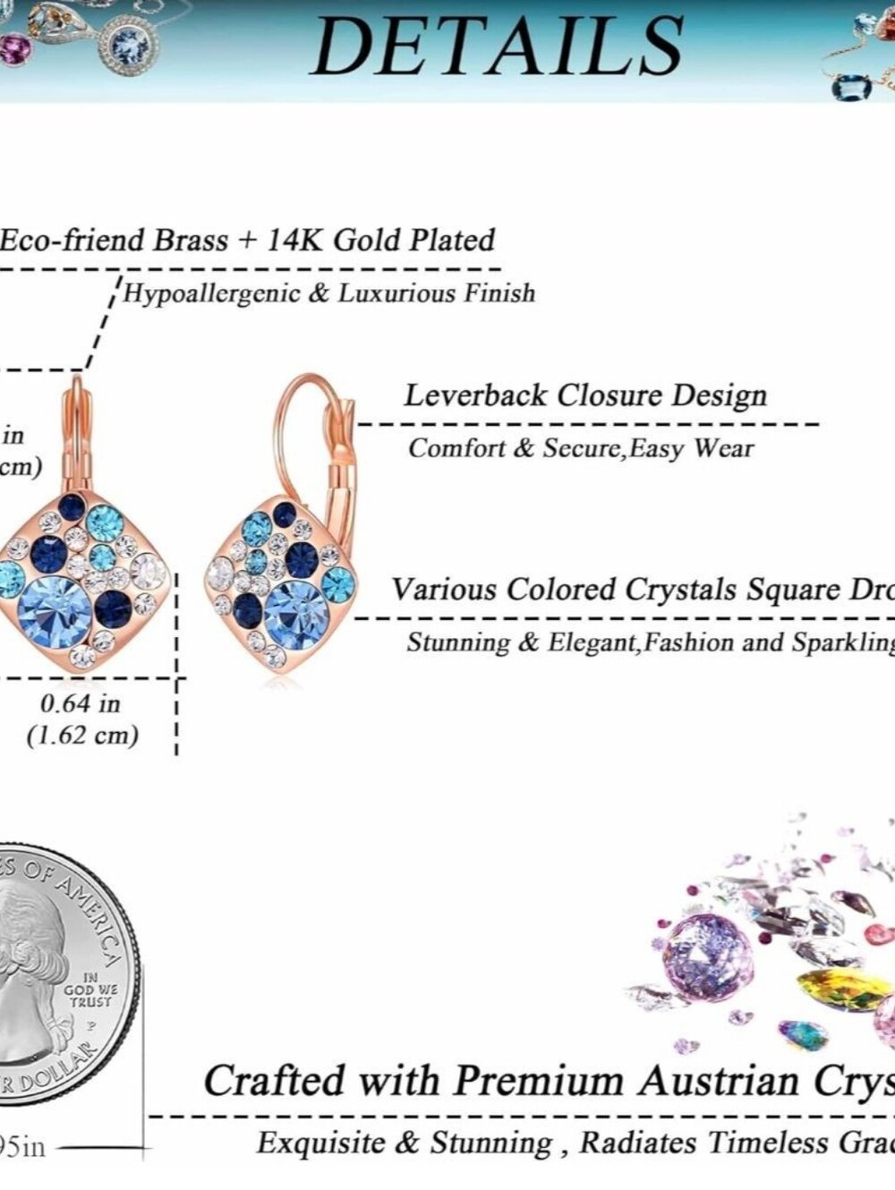 Multicolored Austrian Crystal Square Drop Leverback Huggie Earrings - Picture 4 of 6